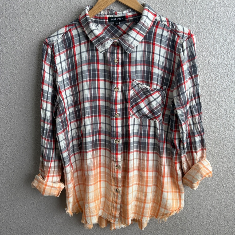 Dear John Orange Ombré Dip Dyed Plaid Long Sleeve Button Down Shirt L